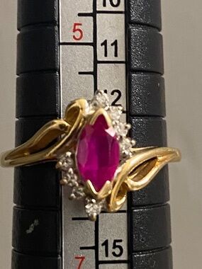 14K Gold Vintage Ring with Marquise Ruby Center Stone and Diamond Accents